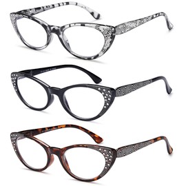 EYEURL 3-Pack Cat Eye Reading Glasses for Women Blue Light Blocking Computer Readers with Rhinestones Anti UV Rays Eyeglasses with Spring Hinges 2.25