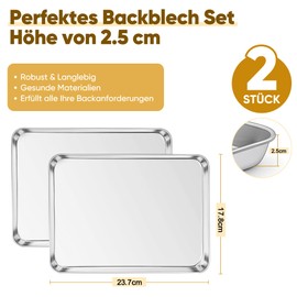Backblech, Joyfair 2 Stück Edelstahl Klein Ofenblech Kuchenblech Set, Rechteckige Fettpfanne Backofen für Backen/Braten/Servieren, Gesund & Ungiftig, Spülmaschinenfest - 23,7 x 17,8 x 2,5cm