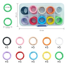 Fubuuf Pack of 50 Small Carabiner Round, 24 mm O Ring Carabiner Ring Spring with Storage Box, Spring Opening Mini Metal Key Ring, 10 Colours, Accessories for DIY Crafts, Bag, Backpack, Jewellery