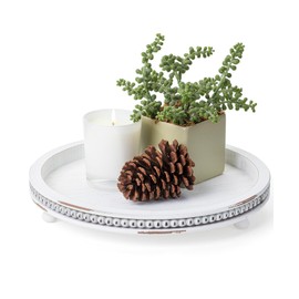 Bamboo Land- Round Decorative Trays for Coffee Table, 12", White, Wood Tripod & Beaded Design, Wooden Round Tray for Coffee Table
