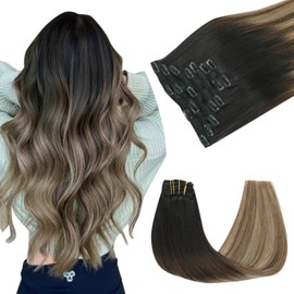 SAFIRENY Clip in Hair Extensions Real Human Hair, 14 Inch 140g,Natural Black Roots Chocolate Brown With Caramel Blonde, Clip On Hair Extensions 7pcs Per Set with 19 Clips(#1B/4/27,14")