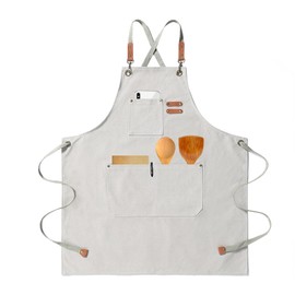 HIUOUIH Men's Kitchen Apron 76 x 68 cm Cooking Apron Men and Women Barbecue Apron with Adjustable Strap and 3 Pockets Work Aprons for Cooking, Baking, Kitchen, Restaurant, wool white