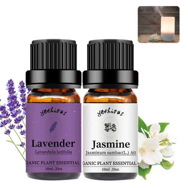 yethious Jasmine Lavender Essential Oil Set Organic Pure for Jasmine Essential Oil for Diffuser & Aromatherapy Lavender Oil Gift Set