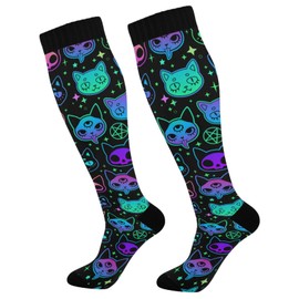 JUNZAN Cute Cartoon Witchcraft Cat Bright Compression Socks for Women Men Circulation Long Socks for Running Cycling Athletic Nurse