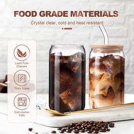 DWTS DANWEITESI Iced Coffee Cups with Lids 2 pcs,16 oz Glass Cups with Lids and Straws as Coffee Bar Accessories,Beer Drinking Glasses,Reusable Glass Tumbler,Cute Coffee Cups for Coffee, Juice, Gifts