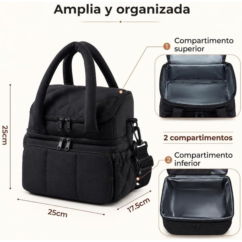 Lonchera Térmica para Mujer, Bolsa de Almuerzo de 2 Compartimentos,Negra