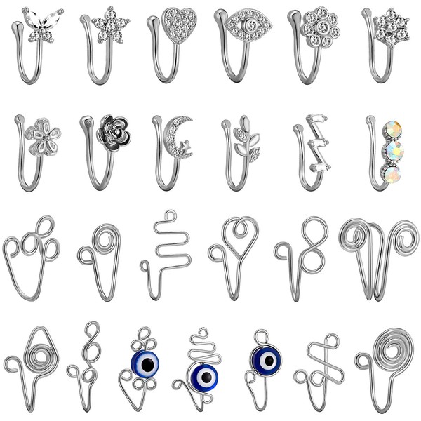 25 Pcs Multi-Style Fake Nose Rings for Women and Men - 14k Gold Plated Copper African Nose Cuff Non Piercing for Teen Grirls - Small Clip On Nose Ring Set,Fake Nose Piercing Ring (#2-silver nose cuff)