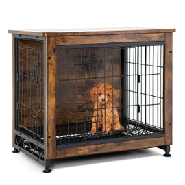 Tangkula Dog Crate Furniture with Removable Tray/Felt Mat, Wood Dog Cage End Table for Small & Medium Dogs, Industrial Double Doors Chew-Proof Dog House Dog Kennel Indoor