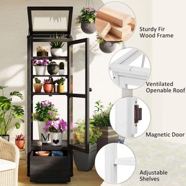 Polibi 62.4" Height Mini Cold Frame with Adjustable Shelves and Openable Roof- Balcony Wooden Greenhouse , 3-Level Storage for Plants, Black