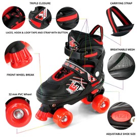 Childrens Kids Boys Girls 4 Wheel Adjustable Quad Roller Skates Boots (Red, Small/UK 11-1/)