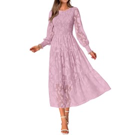 BTFBM Casual Women's 2025 Fall Dresses Elegant Wedding Guest Dress Long Sleeve Floral Midi Dress Flowy Bohemian Long Dress(Grey Pink,Small)