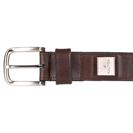 Nautica Men Casual and Dress Leather Belt with Metal Buckle, Engraved Logo-Brown, 36"