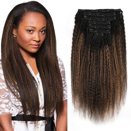 Sassina Kinky Straight Clip in Human Hair Extensions for Women Natural Black to Light Auburn Double Weft Clip in Hair Extensions 16 Inches 120g 7pcs