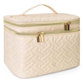 Loyzcy Makeup Bag Organiser for Women, Large Double Layer Cosmetic Make Up Bag with Brush Compartment, Portable and Water-Resistant Toiletry Bag Travel Essentials, White, Off White, Dual-layer Design