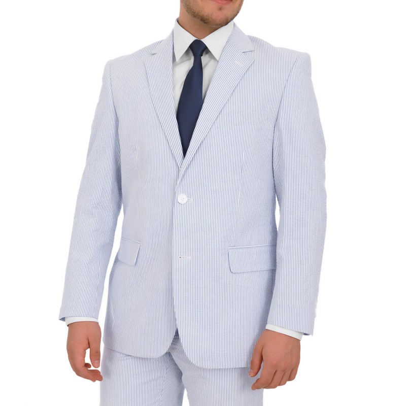 Emigre 42L Men's 100% Cotton Blue Striped Seersucker Suit