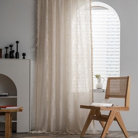 YOU SA 2 Panel Window Curtains with Tassels Hollow Window Treatment Bohemian Drape Semi Sheer Rod Pocket Curtains Boho Style for Rustic Farmhouse Decor(Patchwork, 2 Panel 59"×94")