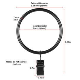 OOTSR Curtain Clips with Rings (Diameter 50 mm, Set of 16) - Rustproof Matt Stainless Steel Metal Curtain Pole Clip Rings with Eyelets for Party Light, Art Display, Tent (Vintage Black, 2 Inches)