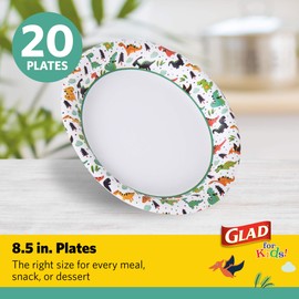 Glad Kids Dinosaur-Themed Heavy Duty Disposable Paper Plates - Soak Proof, Microwavable, 8.5" Round Plates, Perfect for Birthday Parties and Dinosaur Lovers - Pack of 20