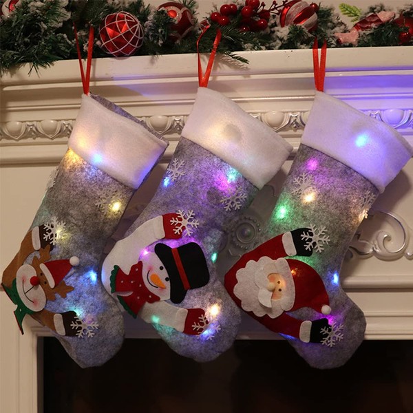 NAVESO Santa Stocking 3 Pieces Christmas Stockings for Filling, Christmas Socks for Hanging, Santa Socks with LED Light, Santa Booties Filling, Christmas Decoration Gift Bags for Gift
