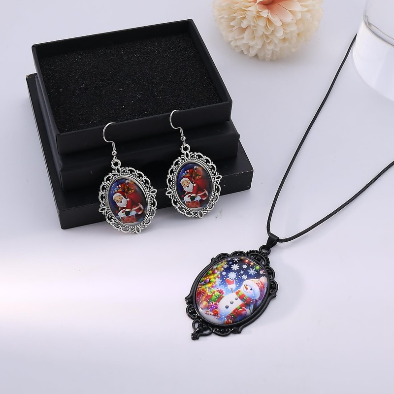 LKingel Christmas Cameo Necklace Earrings Set for Women Vintage Crystal