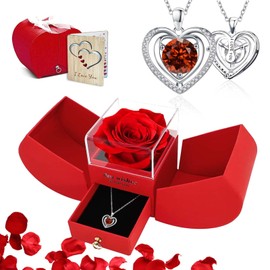 Dfilio Preserved Red Real Rose with I Love You Birthstone Necklace, Mothers Day Romantic Gifts for Mom Grandma Wife Girlfriend on Valentines Anniversary Birthday for Women (July)