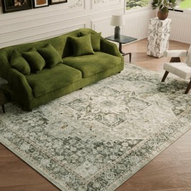 9×12 Machine Washable Rug for Living Room, Boho Vintage 9×12 Area Rug，Distressed Accent Low Pile Ultra Soft Large Carpet for Bedroom Bathroom Dining Room, Floral/Green
