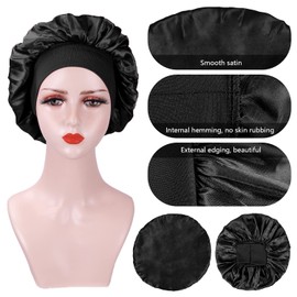 XRACEPHOL 2Pcs Silk Hair Wrap for Sleeping Comfortable and Soft Elastic Band Silk Bonnet for Curly Hair Satin Hair Bonnets for Sleeping Sleep Cap for Women (Black+Silver)