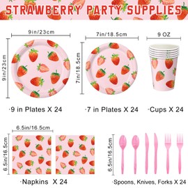 QIYANPAX 168 Pcs Strawberry Birthday Decorations Strawberry Party Decorations Includes Plates, Napkins, Cups, Cutlery for Berry First Birthday Decor, Serve 24
