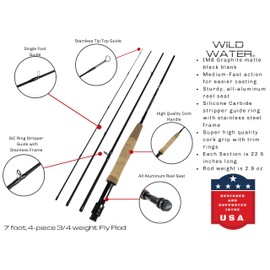 Wild Water Deluxe Fly Fishing Combo Starter Kit, 7-Foot Pole, 4-Piece Fly Rod Kit, 3/4 Weight, Fishing Accessories, Includes Die cast Aluminum Reel and Hard Tube Case with Pouch, Fly Box and Flies
