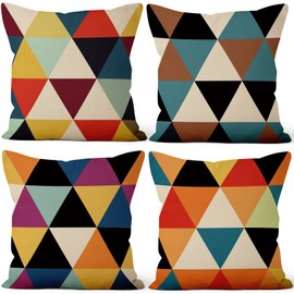 Aoihrraan 46 x 46 cm, Set of 4 Decorative Cushion Covers, Colourful, Modern, Geometric Pattern, Square Decorative Cushion Made of Linen, Home Decor for Bed, Living Room, Outdoor, Balcony, Patio, Sofa,