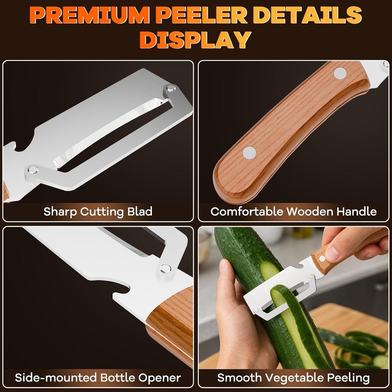 2 Packs Multi-Functional Vegetable Peeler for Kitchen with Wooden Handle