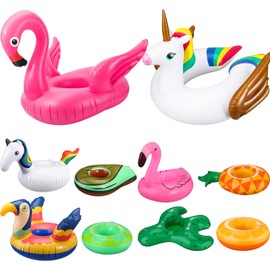Meooeck 10 Pack Kids Inflatable drink Pool Floats Include 2 Unicorn Flamingo Inflatable Pool Floats 8 Inflatable Drink Holder Pool Float Coasters Cup Holder for Summer Beach Party Unicorn Lounge Adult