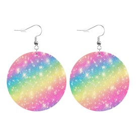 Swono Galaxy Fantasy and Pastel Color Round Faux Leather Earrings for Women Unicorn in Colorful Sky with Rainbow Star Glitter Lightweight Double-Side Printed Drop Dangle Earring for Birthday Gift