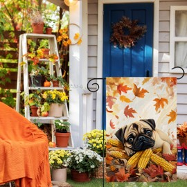 Pug-Dog Garden Flag 12x18 Hello Fall Vertical Double Sided Autumn Leaves Thanksgiving Corn Holiday Outside Decorations Burlap Yard Flag fall sales clearance outdoor (1806)