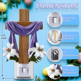 Hohean Easter Religious Night Light, He is Risen Cross Night Light Plug in, Lily Flower and Easter Cross Decor 120V C7 LED Nightlights with Switch and 360 Degree Swivel Plug, for Bedroom Hallway Home