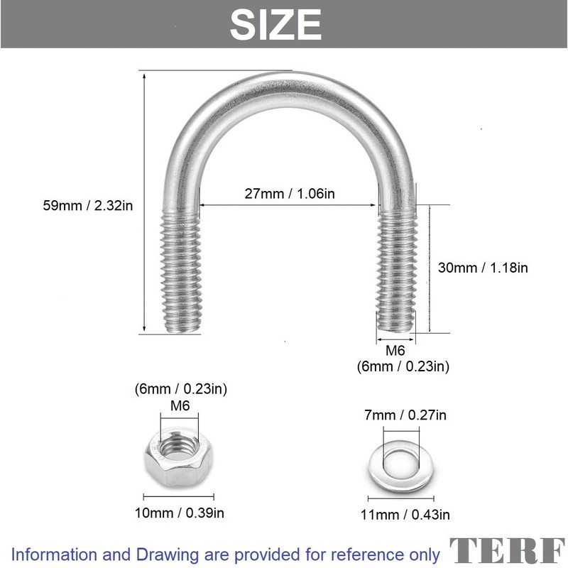 TERF® M6 X 27mm X 59mm Round U Bolts Steel