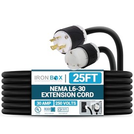 IronBox Electric - NEMA L6-30 Extension Cord - Rated for 30A, 250V - 10 AWG - Power Cable for Generators, PDU, Backup Power System, Industrial Equipment - Ideal for Indoor & Outdoor Use (25 ft, Build)