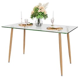 Tangkula Glass Dining Table, Modern Rectangular Table with Spacious Tempered Glass Tabletop & Wood Grain Steel Legs, Simplistic Kitchen Table, 51 x 27.5 x 29.5 Inch, Versatile Table for Home Office