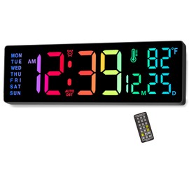 Soobest 14.2" Large Display Digital Wall Clock with Date Day of Week Temp Timer, Electric 8-in-1 Color Changing Big LED Clock for Elderly Seniors, Auto DST, Remote Control for Living Room Home Gym