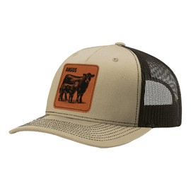Five Up Tees Farm Animal Trucker Hat Farmer Rancher Rodeo Cowboy Unisex Adjustable Snapback Engraved Leatherette Patch/Khaki Coffee-Angus