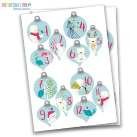 Papierdrachen Advent Calendar for Filling – 24 Gift Bags and 24 Number Stickers and Clips – Motif Balls with Blue Bear – for Packaging and Crafts – Christmas – Mini Set No. 57