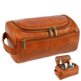 Toiletry Bag for Men Travel Toiletry Organizer with Handle PU Leather Travel Cosmetic Bag 9.84×5.1×5.1 Inch Shaving Bag Makeup Bag Organizer Portable Cosmetic Bag for Travel ...(Brown)