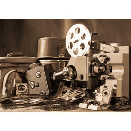 CORFOTO 6x4ft Fabric Vintage Movie Camera Photography Backdrop Film Projector Background Retro Video Reel Director Scene Decorations Movie Themed Birthday Party Photoshoot Booth Studio Props