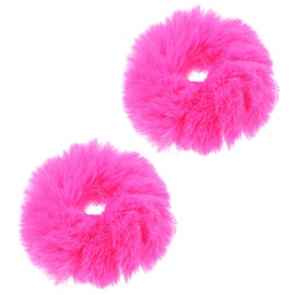 PEOVLVN 2 Pcs Hot Pink Scrunchies, Pom Pom Hair Ties Faux Rabbit Fur Fuzzy Scrunchies Fluffy Ponytail Holders Hair Accessories for Girls Women (Hot Pink)