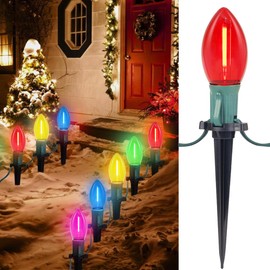 C9 LED Christmas Pathway Lights, 38FT Multi-Color Christmas Pathway String Lights with 25 Multi-Color LED Light Bulbs and Stakes for Outdoor Walkway Driveway Backyard Christmas Decorations