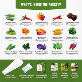 15 Sweet & Hot Pepper Seeds Vegetable Variety Pack Home Garden Kit Plant Markers 750+ Non-GMO Heirloom Indoor Hydroponic Outdoors Planting Cayenne Banana Habanero Jalapeno Cubanelle Bell Rare Peppers