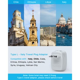 3 Pack Italy Travel Plug Adapter, VINTAR US to Italy Power Adapter with 1 USB C 3 USB A Ports and 2 American Outlets, 6 in 1 Outlet Adapter, Type L Plug Adapter for USA to Italy Uruguay Chile