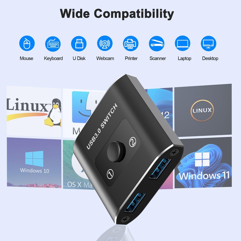USB 3.0 Switch Selector, Bi-Directional USB Switch 1 in 2