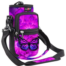 Water Bottle Sling Bag Sleeve Holder Carrier 25/32/40/64 oz ,Insulated Crossbody Water Bottle Case Cover with Strap and Pockets for Men/Women Walking Hiking Camping (64oz, purple butterfly flower)
