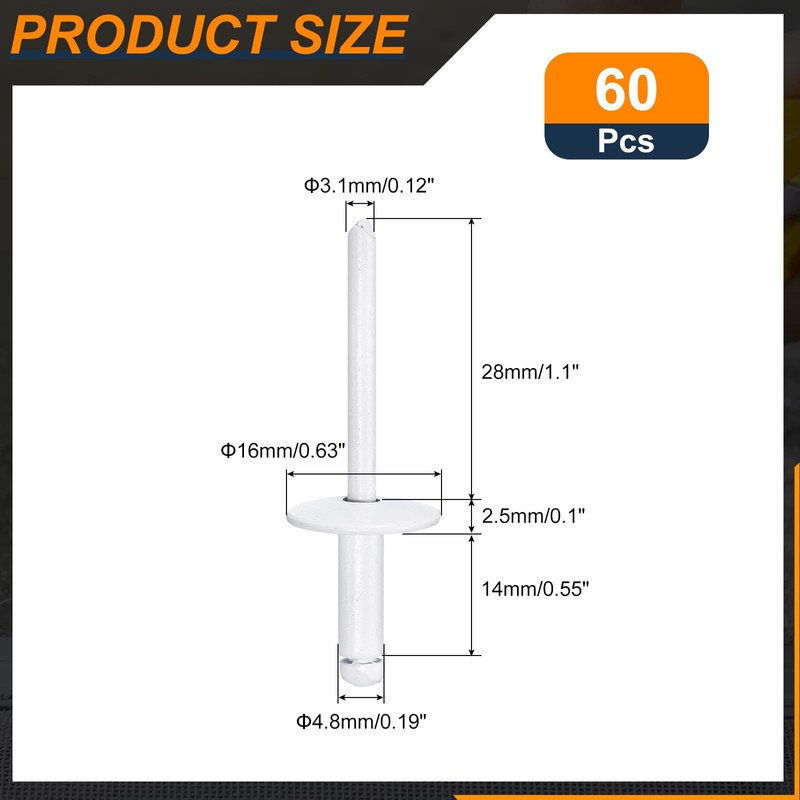 sourcing map 60Pcs 3/16"x1/2" Large Flange Head Blind Rivets, Zinc-Plated